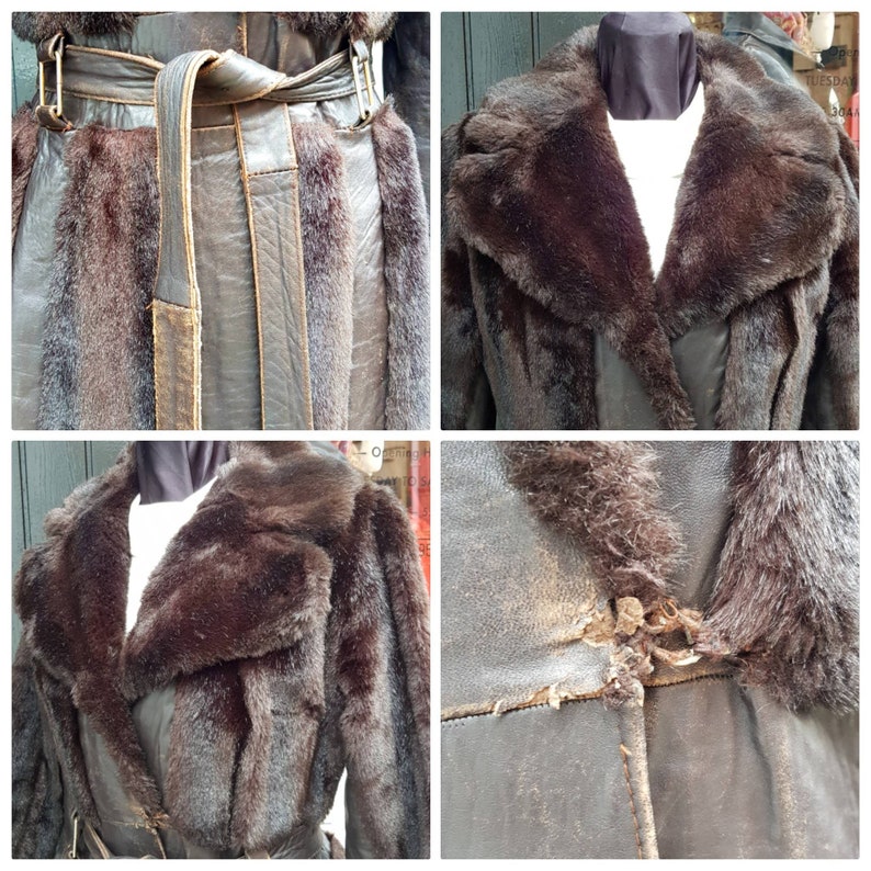 Simulated fur very funky.Small 8-10 Vintage late 1960s 70/'s Astraka belted leather faux fur long winter coat