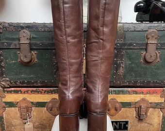 Vintage 70s Brown Crinkle Leather Wood Carved Sole Mod Knee High Boots