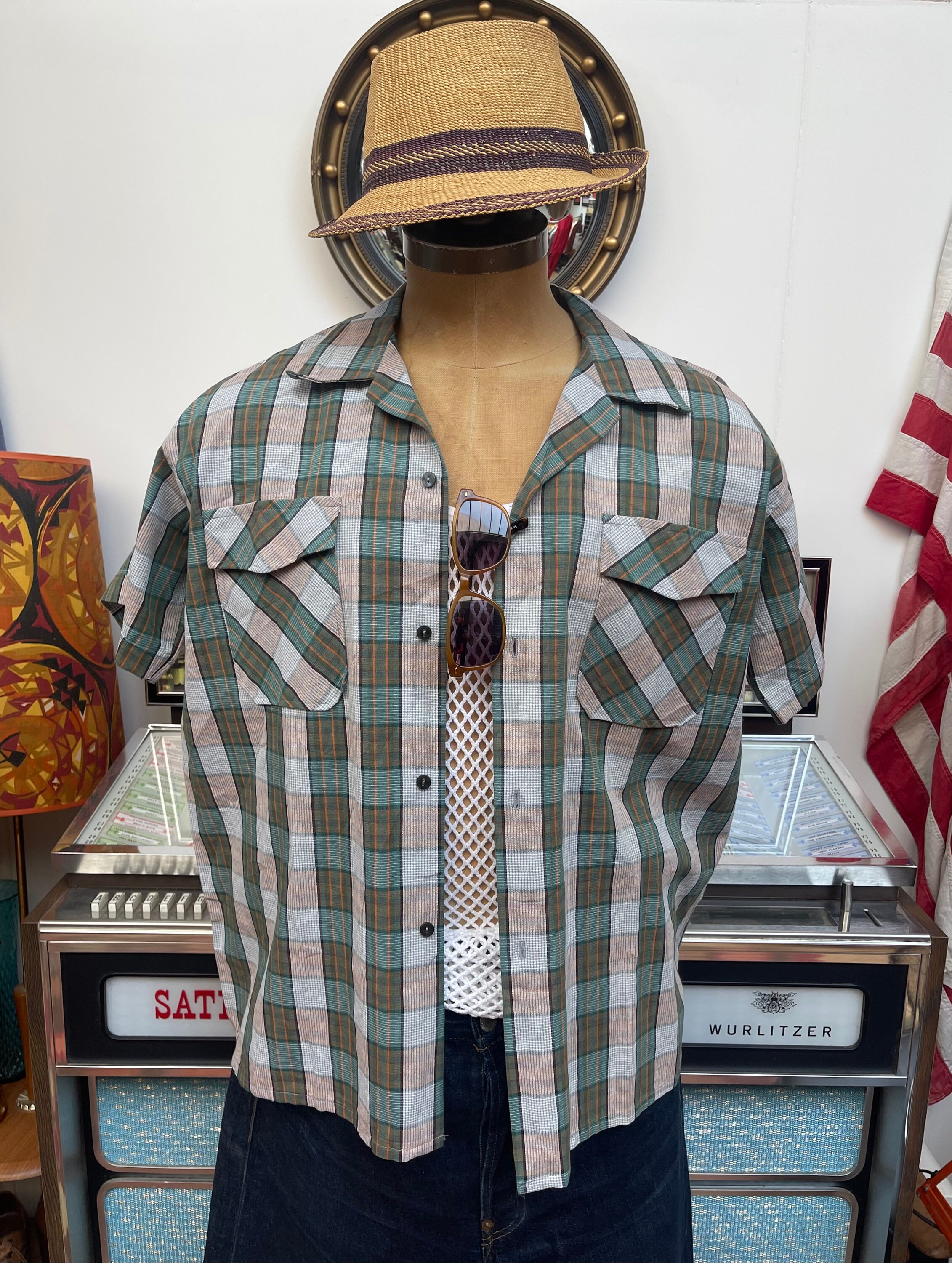 Large 1950s Yellow Micro Check Mens Shirt Square Bottom Loop