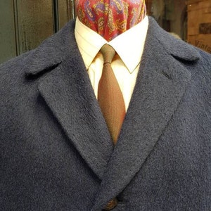 Beautiful Vintage 1960s 60&#39;s Jerson of Barcelona heavy mohair wool blue long crombie overcoat,stunning viscose lining.XL Euro 52 vgv