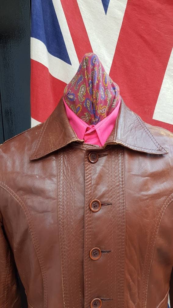 Image of Fab Vintage Distressed Late 1960S 70's Fully Buttoned To Neck Brown Leather Half Belt Back Sartorial Safari Jacket. Amazing Patina.medium