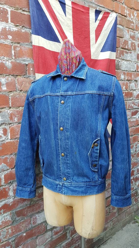 Image of Vintage Late 1970S 80's Lee Dark Blue Denim Trucker Bomber Chore Jacket, Brass Poppers & Epaulets.medium 39-42" Chest Vgc