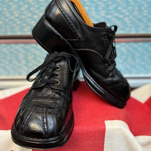 Vintage early 1970s 70&#39;s Solatio Norwegian black leather platform heel suedehead duck spoon northern soul floorstompers shoes.Size 10
