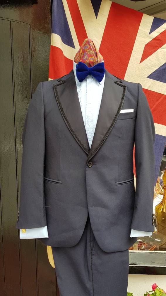Image of Vintage 1970S 70's Henry Cordy Odermark Tuxedo Evening Dress Suit, Quality Tailoring Flared Dark Blue Full Trevira, Small 39-40"C, 30-32"W