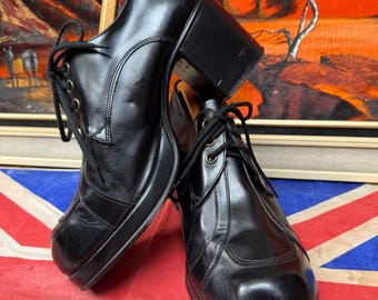 Zapatos Derby de plataforma con cordones, tacón de bloque de 7,6 cm (3 pulgadas), de piel negra, estilo vintage de principios a mediados de los años 70, de la época disco de Fiebre del sábado por la noche. Talla 9.5 a 10.