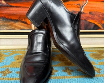 Vintage 1970s Mid 70's Black Leather 3” Inch High Block Heel Slip