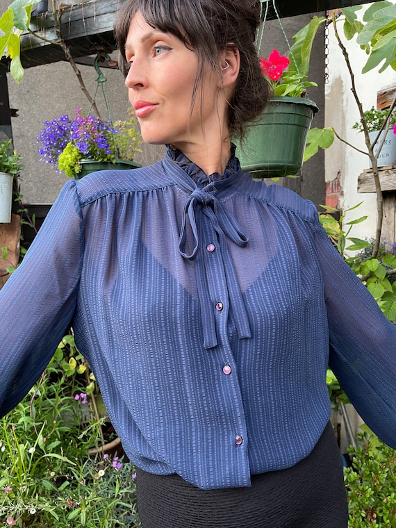 Vintage 70s 80’s Navy blue sheer Pusey bow blouse… - image 2