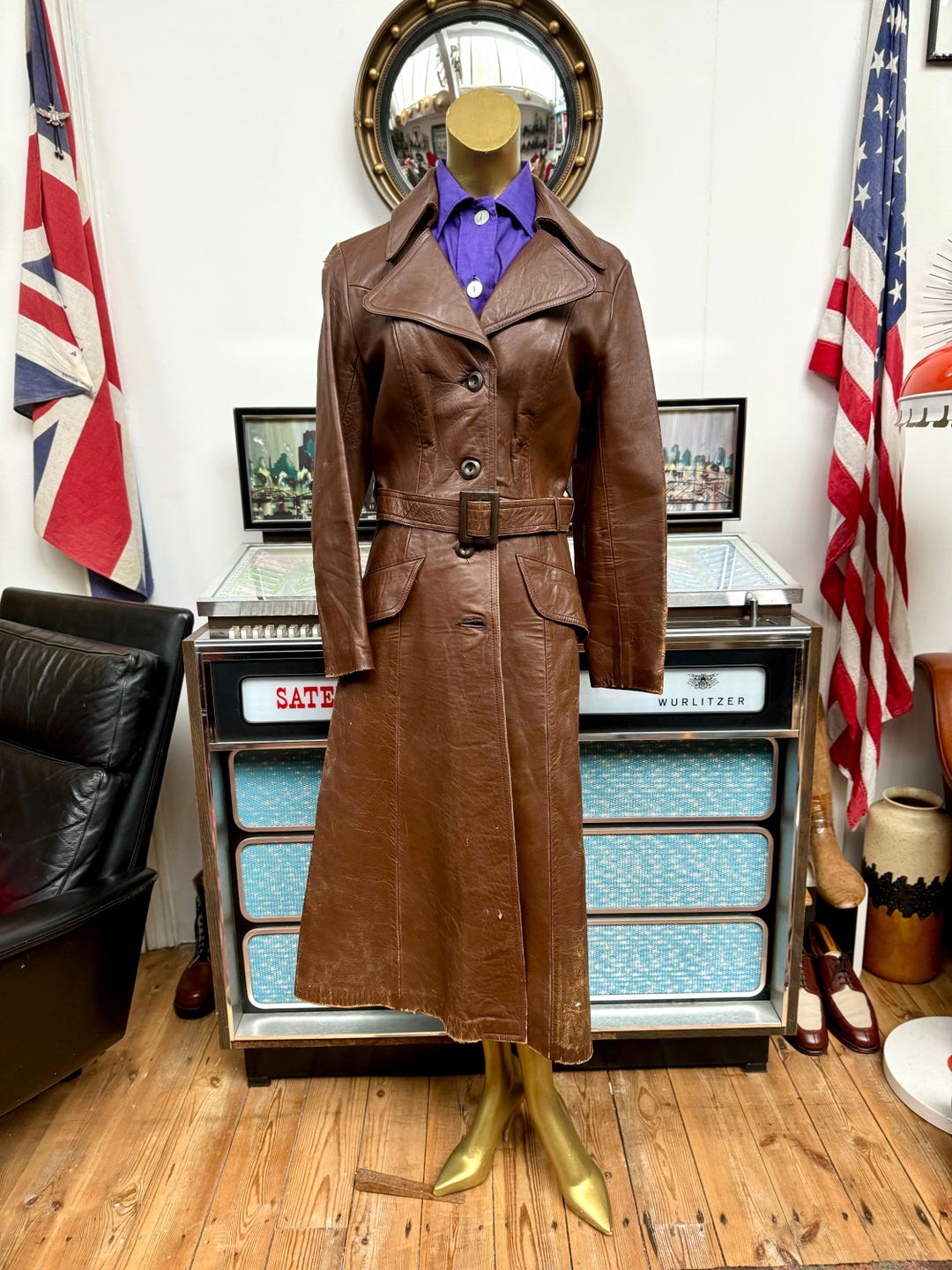 Fab Vintage 1970's 70's Fit Flare Belted Black Leather Full Length