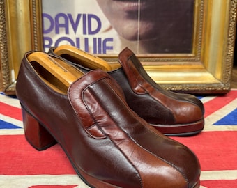 靴 1970's vintage High-Heel Leather Shose 70's Wood Platform Brown Leather High Heels - Etsy