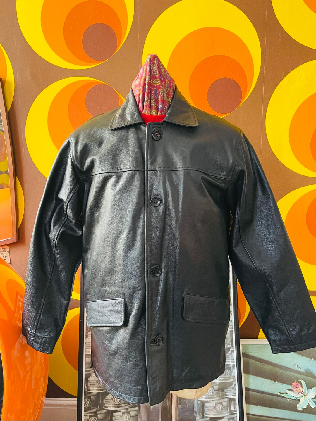 Quality Vintage Retro 1990 90's Heavy Black Box Leather Jacket