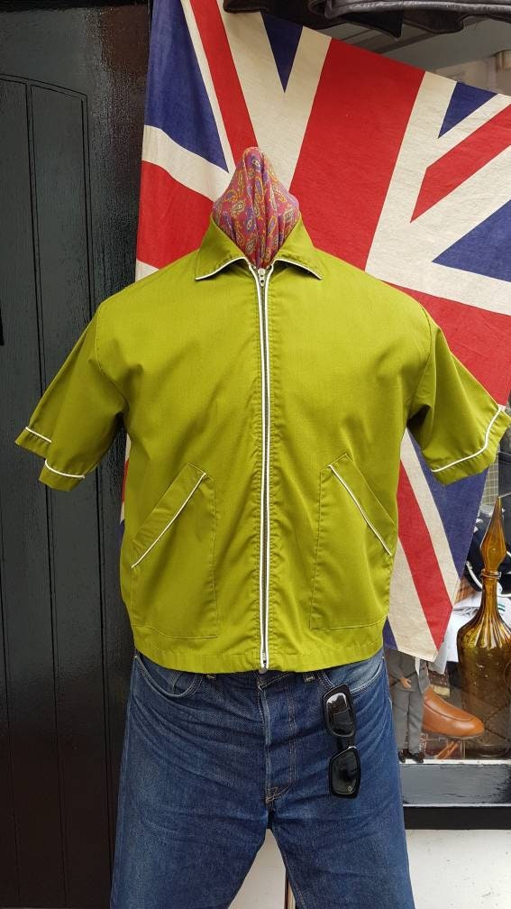 Image of Vintage Late 1950S Rockabilly Brentwood Sportswear Camp Collar Open Neck Shirt-Jac Zip Front Shirt.green Spread Collar.medium - Large 39-43"
