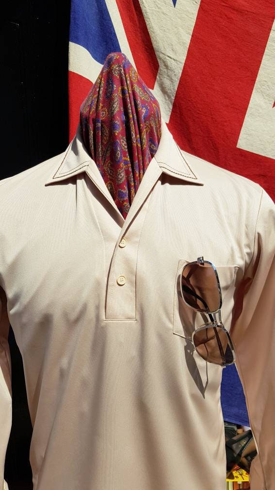 Image of Vintage 1970S 70's Macky Japan Donnie Brasco Pop Over Camp Collar Open Neck Long Sleeve Shirt Knit.studio 54 Disco Scarface.medium 39-42"C