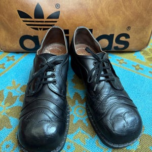 Vintage 1970s 70’s Frank Wright black leather subculture spoon duck toe shoes,slight platform heel.Suedehead smoothie northern soul.Size 8.5