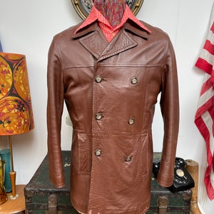Caban croisé marron en cuir nappa souple vintage des années 70 et 70. Très gangster américain Donnie Brasco. Medium 39-42"c