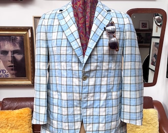 Very Stylish Vintage 1970s made,60s style Preppy Mod Madras blue/white plaid check lightweight Summer Sports jacket blazer in VGC.Medium