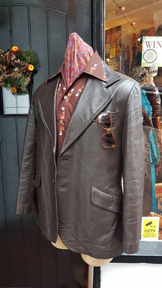 Image of Fab Vintage 1970S 70's Dandy Sartorial Wide Lapel 2 Button Brown Leather Box Jacket. Freakbeat Psychedelic Era.large 42-44" Chest Vgc