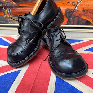 Vintage 70s Crossbow black leather Footstomper Blockbuster Suedehead Northern Soul Smoothie spoon duck toe Floorstompers shoes.Size 8.5 to 9