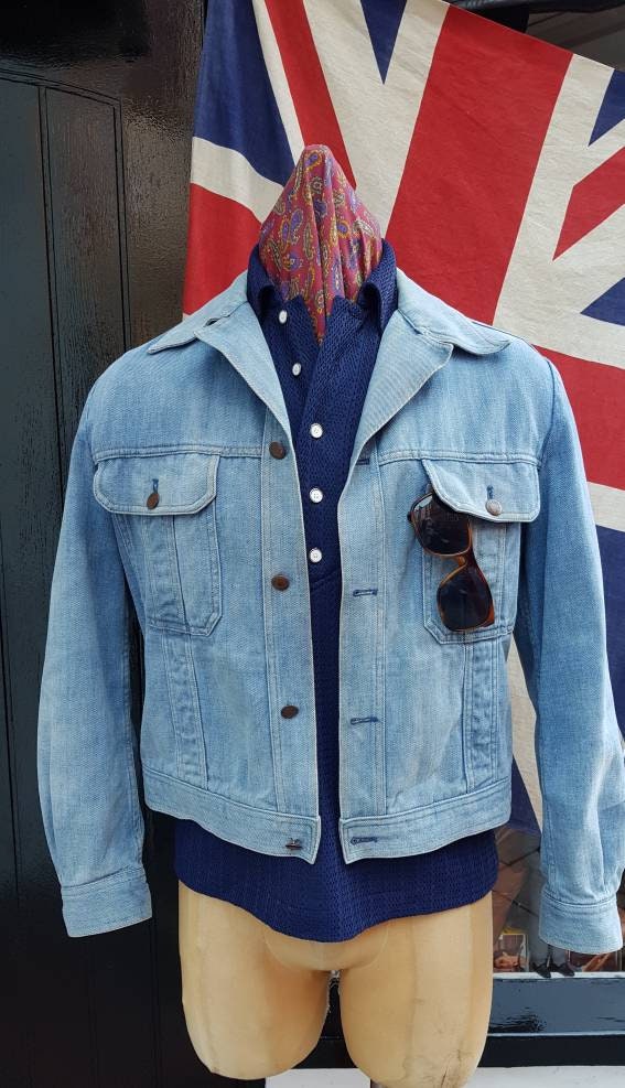 Image of Vintage 1970S 70's St.michael Brushed Cotton Open Neck Camp Collar Denim Western Jacket.disco Studio 54 Lee Levi's Wrangler.medium 39-41"C