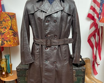 Superb Vintage 1970s 70’s Sears USA full length double breasted brown leather blanket lined belted Trench Coat.Size Large 41-44”c vgc