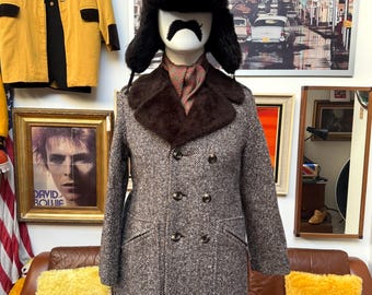 1960s Brown Plaid Tweed Double Breasted Coat W/ Fur Collar | 44