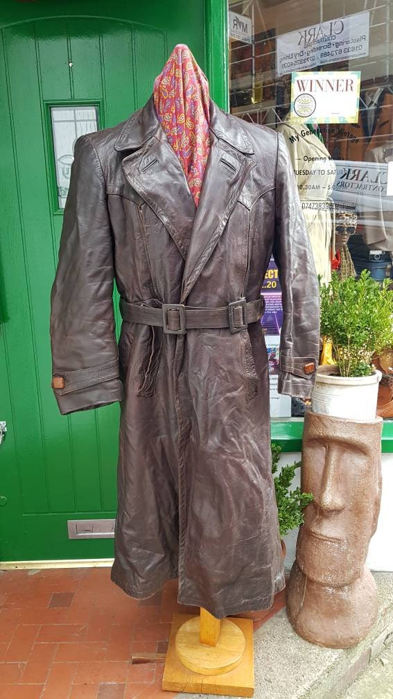 Image of Vintage 1940S 50's Ww2 Era Leather Horse Hide Police Motorcycle Military Trench Coat.full Length Brown, Period Film Tv.medium To Large