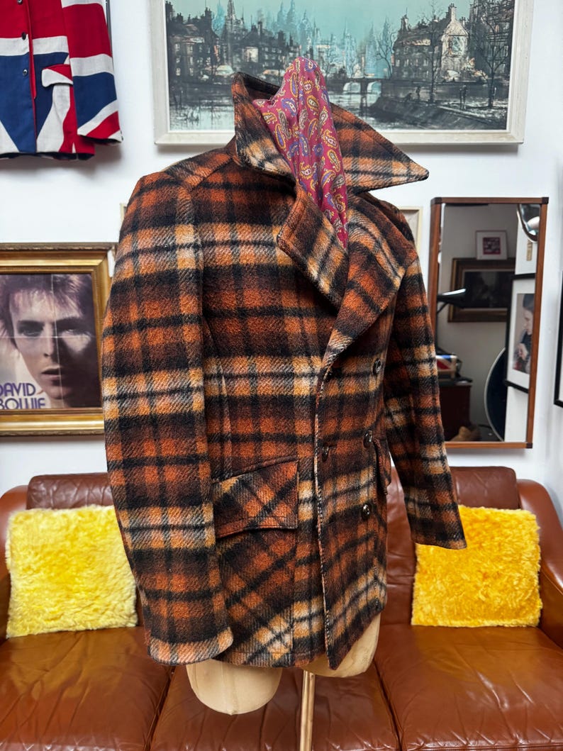 Fab Vintage 1970s German thick brown mix plaid check wool polyamid double breasted oversized collar Lumberjack jacket coat.Small 36-38”c vgc image 5