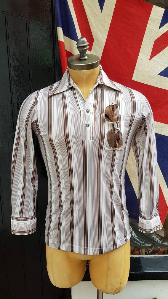 Image of Vintage 1970S 70's Japanese Striped Camp Collar, Pop Over Open Neck Long Sleeve Leisure Shirt Knit.disco Studio 54, Scarface.small 36-38" Vgc