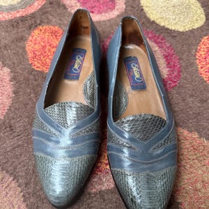 Może przedstawiać: Para niebieskich skórzanych butów z wężowym wzorem na czubku. Buty mają spiczasty czubek i niski obcas. Nazwa marki "Salvatore" jest widoczna wewnątrz butów.