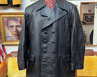 Vintage 1980s 80’s Milan thick double breasted leather Pea jacket coat,Schott style,Mobster,doorman style.Big man size XXL to 50”c vgc