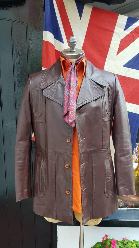 Image of Fab Vintage Late 1960S 60's Sartorial Dandyness Brown Leather Psyche Freakbeat Jacket. Large Penny Collar, Stitching Detail.large 41-43" Vgc