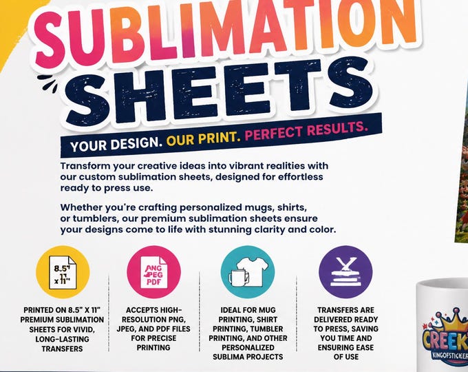 Custom Printed Sublimation Transfer Sheets 8.5x11 Ready to Press - Turn Your Artwork Into Professional Sublimation Transfers - multiple qtys