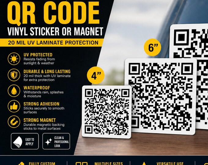Custom QR Code Vinyl Bumper Sticker, Window Cling or Bumper Sticker Magnet in UV Laminate Coating. your custom URL or Email Address etc.