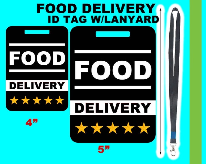 Food Delivery Customizable tag plus 18" neck lanyard in lightweight waterproof mylar for easy wear and long life in regular or large