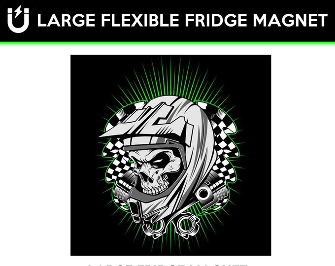 Skull and helmet large fridge magnet, large 6 1/2 x 6 1/2 inch premium fridge magnet that stands out.