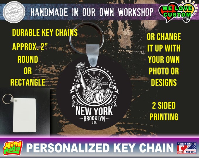 New York City color print key chain round or rectangle about 2" - double sided print same image or different from your own photos