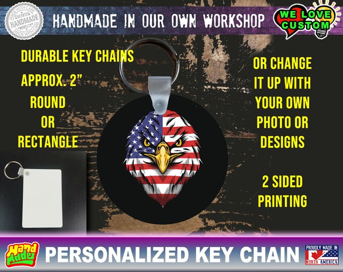 USA color print key chain round or rectangle about 2" - double sided print same image or different from your own photos