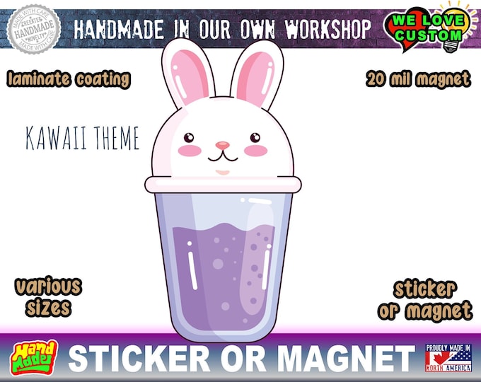 kawaii pot with rabbit die cut sticker car water bottle sticker or magnet in various widths, 3"and up with uv laminate coating