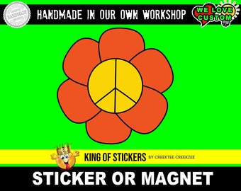 5X - Flower Peace Hippie Retro Die-Cut Outline sticker or magnet in various wide, vinyl OR standard sticker, premium quality UV Laminate