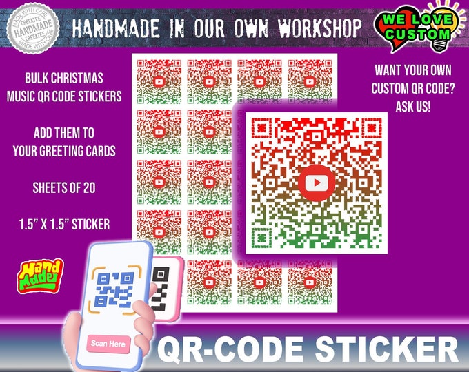 1.5 inch x 1.5 inch Christmas or Custom QR-Code Stickers in sheets of 20