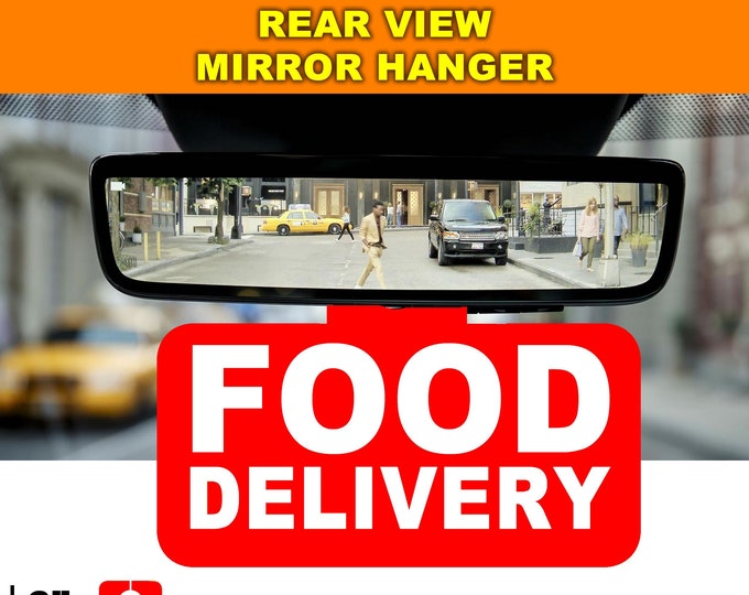 Rear View Mirror Hanger Food Delivery Quality Print, Laminated With White Mylar Backing - Print One Side CUSTOMIZABLE