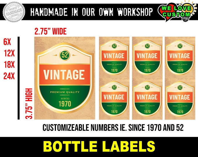 Custom Bottle Labels, 3.75" high by 2.75" wide, 6x, 12x, 18x, 24x in Matte Sticker, Waterproof Sticker, Waterproof Vinyl + optional laminate