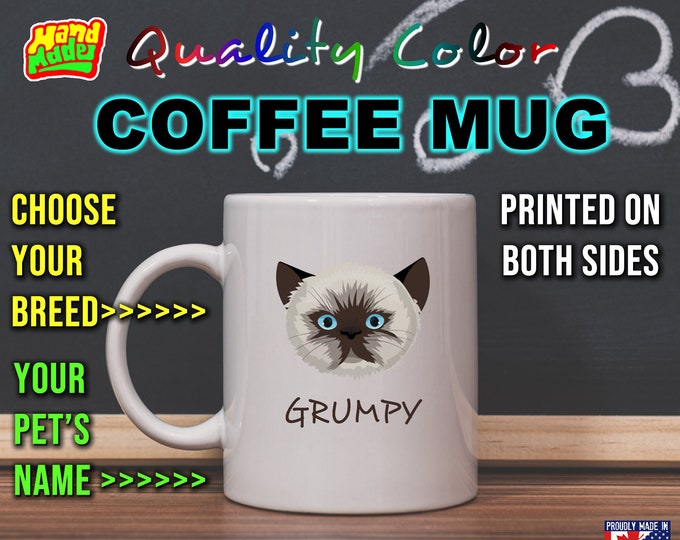 2x Customized Your Pet Cat Name and Breed.  Choose from over 60 Cat Types For Your Full Color Coffee Mug, printed on a 11 or 15 oz White Mug