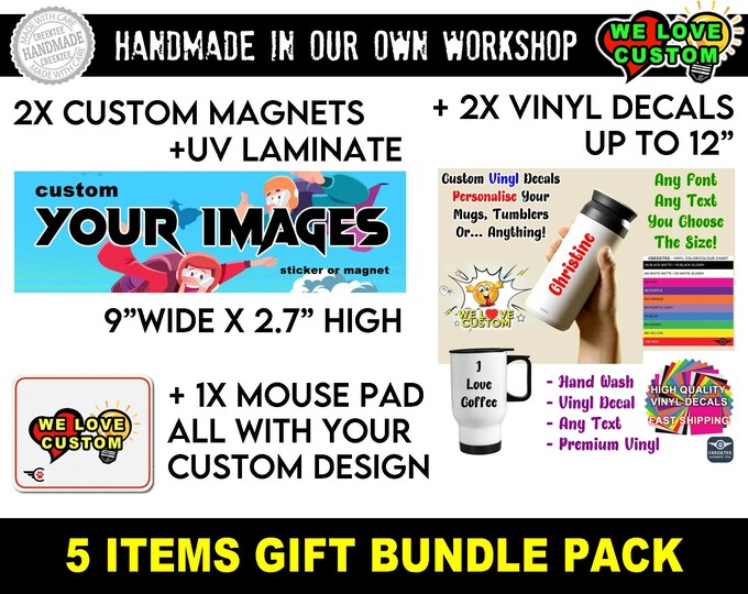 Gift Bundle - 2X Custom Magnets plus 2X Custom Vinyl Decals plus 1X Custom Mouse Pad all with your custom design