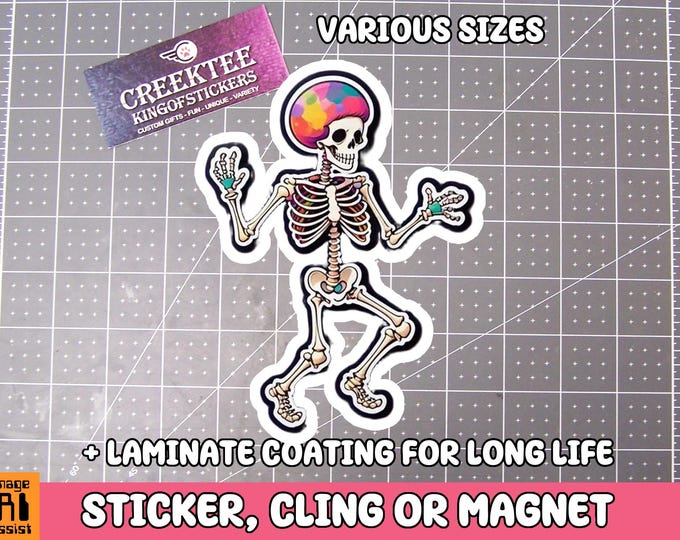 Skeleton Sticker Dancing Skeleton Magnet, dance macabre  Vinyl Sticker, Magnet or Cling in Various Sizes, skull drawing, laptop sticker