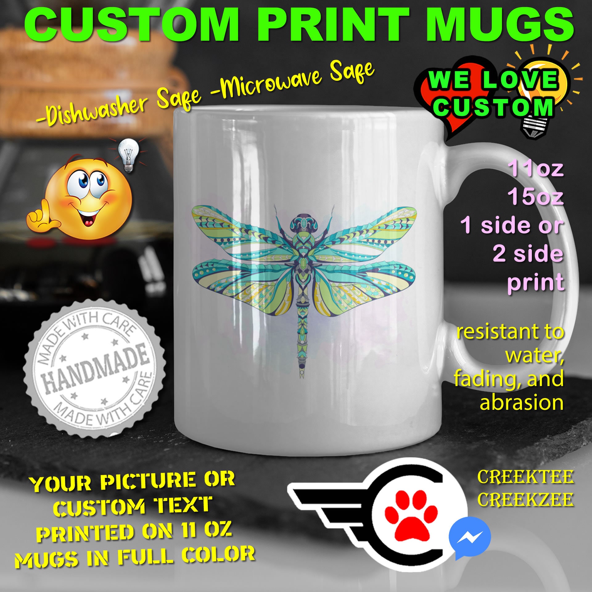 Dragon Fly funny Coffee Mug or Personalized Coffee Mugs, Your photo,or text printed on a 11 or 15 oz White Mug