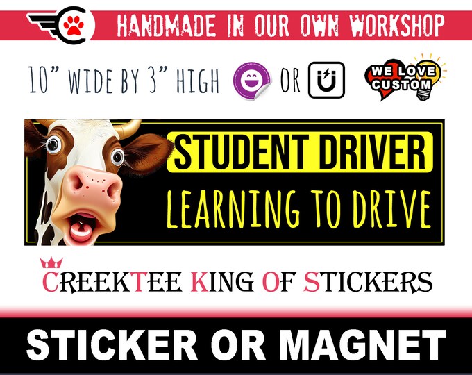 STUDENT DRIVER Learning To Drive Bumper Sticker or Magnet with your text, image or artwork, 8"x2.4", 9"x2.7" or 10"x3" sizes available!