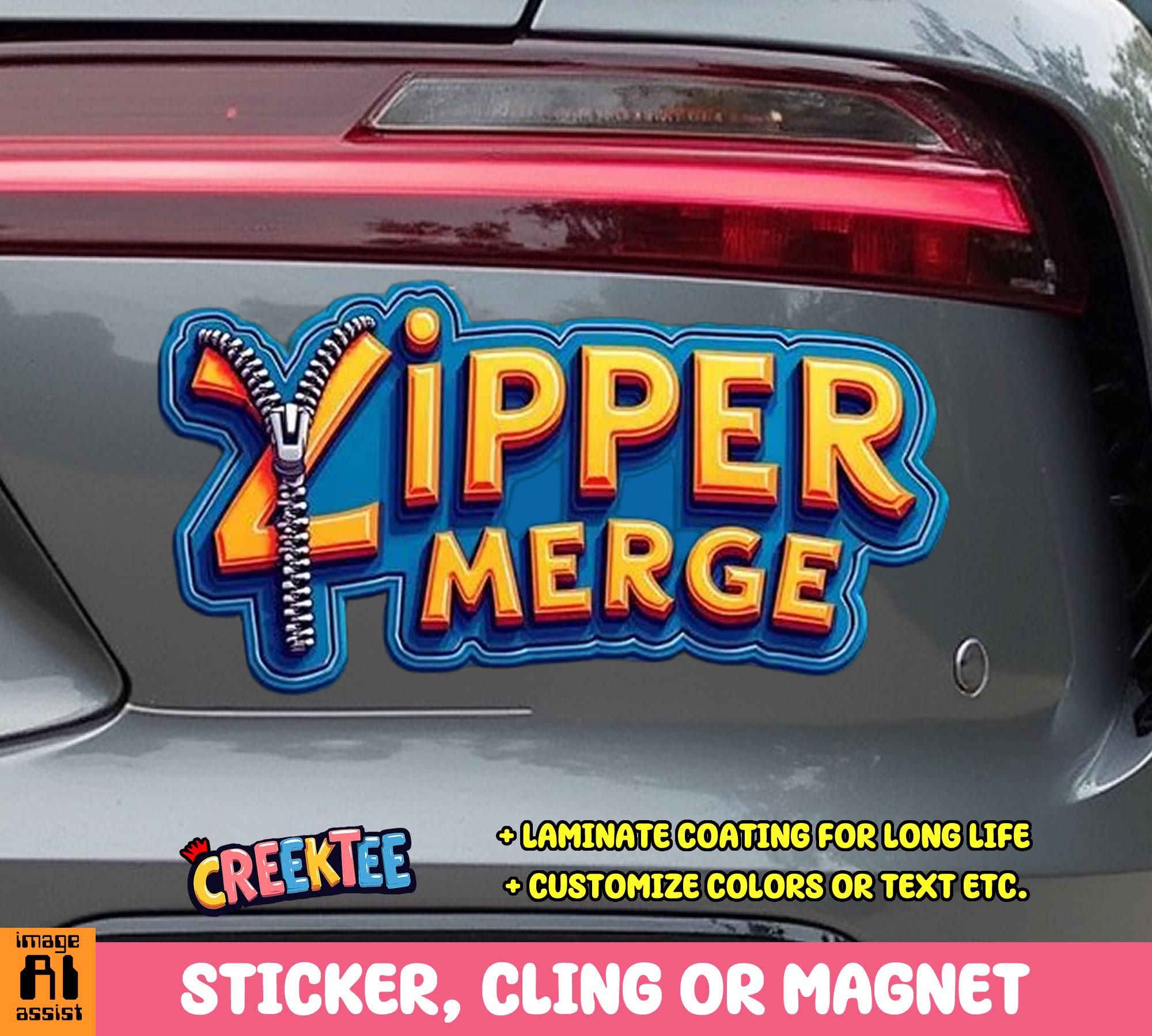 Zipper Merge Vinyl Sticker, Window Cling or Magnet in UV Laminate Coating