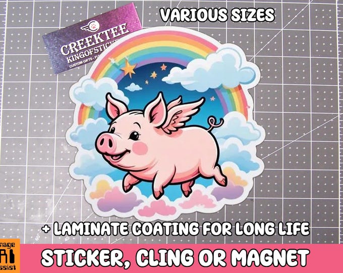 Flying Pig Vinyl Sticker, Window Cling or Magnet in UV Laminate Coating