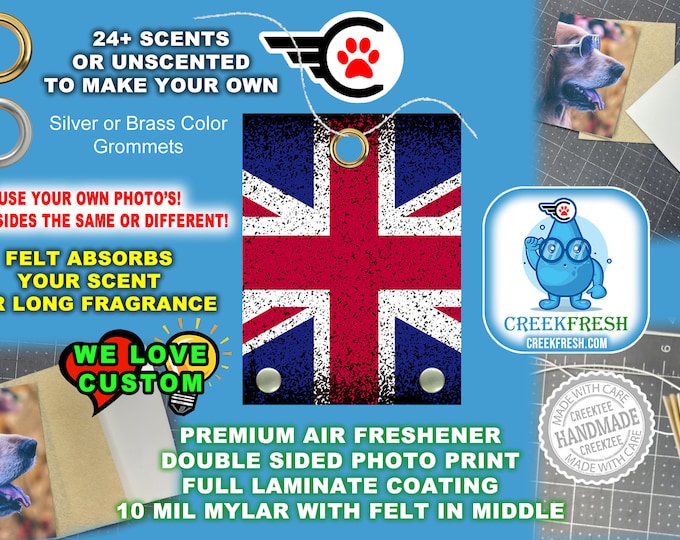 United Kingdom UK Flag - Premium Car Air Freshener Color Print +Felt middle fragrance absorption. Scent or Non-Scent. Both Sides.