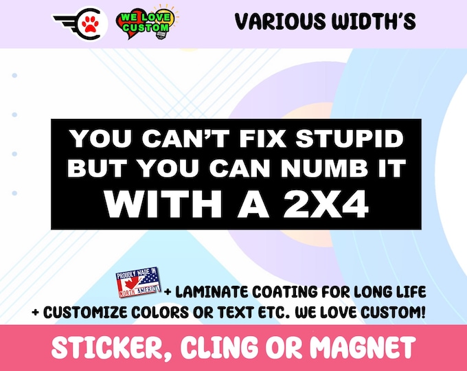 You Can t Fix Stupid But You Can Numb It With A 2X4 Vinyl Bumper Sticker Window Cling or Bumper Sticker Magnet in UV Laminate Coating